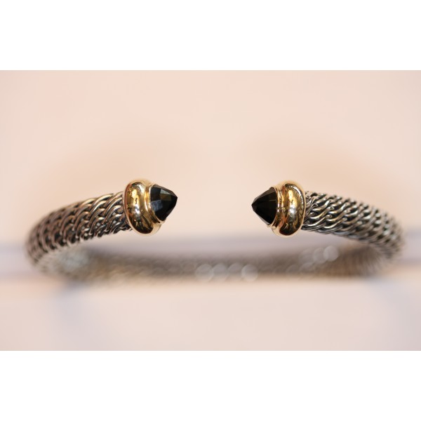 Silver and gold braided bangle with black onyx 